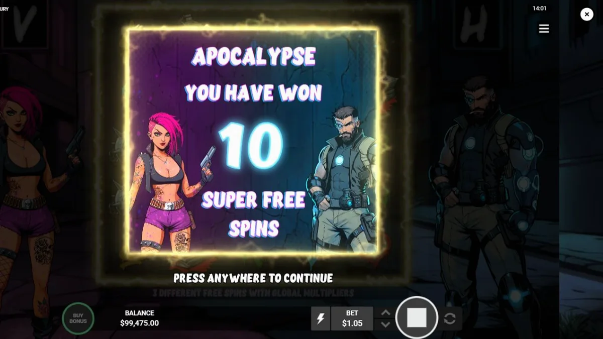 Tampilan layar permainan slot Vendetta Fury dengan tema cyberpunk dan neon