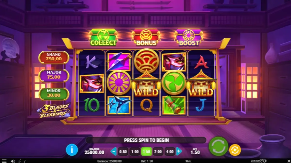 Tampilan visual slot 3 Blades & Blessings dengan tema ninja dan pagoda