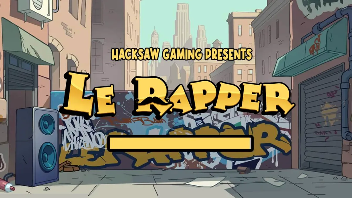 Tampilan visual slot Le Rapper dengan karakter utama rakun Smokey dan elemen hip-hop.